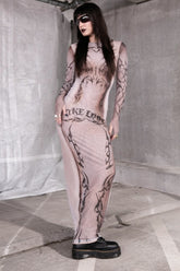 Cyberpunk Print Slim Fit Long Sleeve Crew Neck Maxi Dress