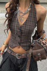 Vintage Plaid Deep V Neck Halter Top