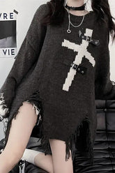 Harajuku Gothic Punk Cross Metal Buckle Loose Knit Sweater