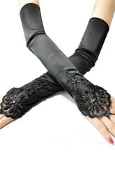 Beaded Embroidered Satin Fingerless Gloves