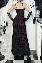 French Palace Dark Gothic Flocking Spaghetti Strap Maxi Dress