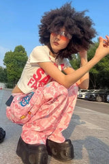 Pink Camouflage Anime Embroidery Pants