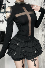 Gothic Cross Sheer Long Sleeve T-Shirt