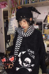 Karrram Gothic Skulls Grunge Y2K Loose Mohair V-neck Sweater