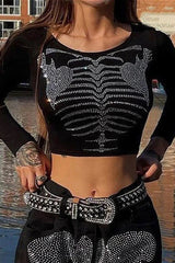 Punk Rhinestone Skull Long Sleeve Crop Top