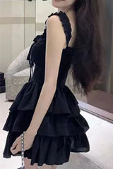 Black Ruffled Lace Up Slip Cake Mini Dress
