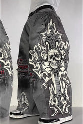 Skull Dark Print Ripped Denim Pants
