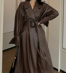Oversized Lapel Leather Long Coat