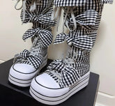 Checkered Round Toe Knee-High Butterfly Knot Boot