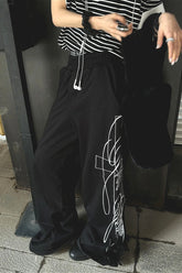 Street Letter Embroidery Black Wide Leg Pants