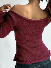 Premium Off Shoulder Solid Color Slim Long Sleeve Sweater