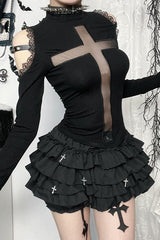 Gothic Cross Sheer Long Sleeve T-Shirt