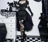 Asymmetric Pleated Lace Black Midi Dress