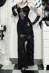 Gothic Vintage Lace Split See Through Maxi Dress