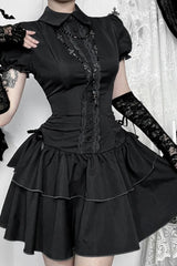 Dark Gothic Lace Patchwork High Waist Bow A-line Mini Dress