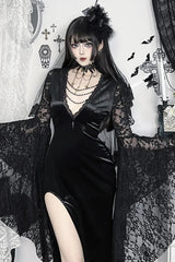 Goth Dark Lace Velvet Batwing Sleeve Maxi Dress