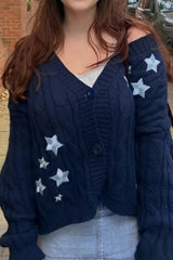Y2k Star Embroidery Navy Knitted Women's Casual Cardigan Sweater