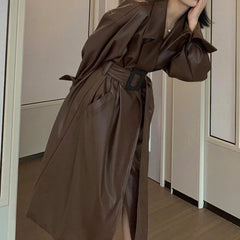 Oversized Lapel Leather Long Coat