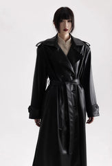 Long Black Soft Leather Long Coat