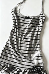 Y2K Gray Black Stripe Bone Bow Cami Mini Dress