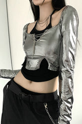 Futuristic Silver Long Sleeve Halter Crop Top
