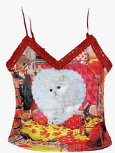 Y2K Oil Painting Cat Print Sweet Lace Camis