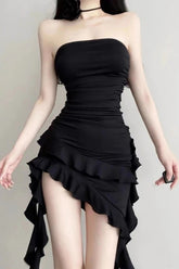 Black Strapless Backless Ruffled Irregular Mini Dress