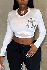 Cross Graphic Sheer Mesh Crop Top
