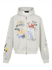 Hip-hop Graffiti Print Zip-up Hooded Coat