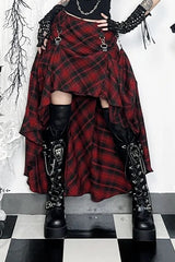 E-girl Red Plaid High Waist Grunge Irregular Skirt