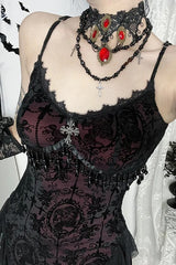 French Palace Dark Gothic Flocking Spaghetti Strap Maxi Dress