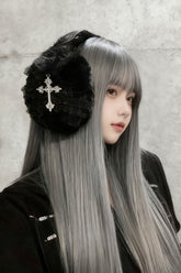Black Lace Cross Pin Y2K Earmuff