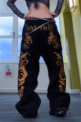 Punk Gold Foil Print Black Denim Floor Pants