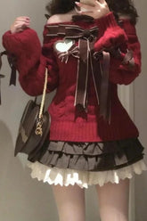 Y2K Christmas Off Shoulder Red Vintage Slim Knit Sweater