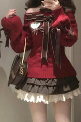 Y2K Christmas Off Shoulder Red Vintage Slim Knit Sweater