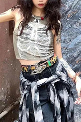 Retro Skeleton Print Sleeveless Army Green Crop Top