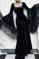Halloween Gothic Vintage Velvet Spider Web Flare Sleeve Maxi Dress