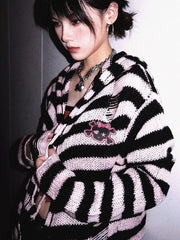 Harajuku Gothic Skull Striped Knitted Zipper Hoodie