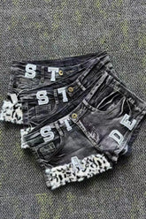 Punk Letter Print Low Rise Denim Shorts