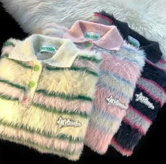 Vintage Striped Polo Collar Long Sleeve Loose Knit Sweater