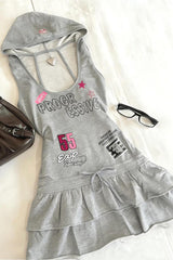 Vintage Gray Sleeveless Hooded Letter Print Mini Dress