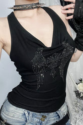 Cross Rhinestone Draped Neck Backless Tank Top