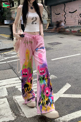 Graffiti Print Drawstring Floor Length Wide Leg Pants