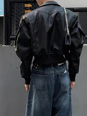 Black Shoulder Pad Biker Jacket