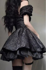 Gothic Jacquard Puff Sleeve A-line Bow Mini Dress