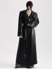 Long Black Soft Leather Long Coat