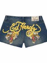 Tiger Letter Print Denim Shorts
