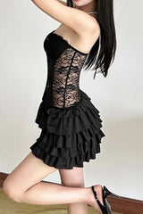 Black Lace Patchwork Off Shoulder Backless Tiered Mini Dress