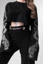 Gothic Dragon Print Cropped Hoodie