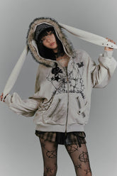 Niche Design Y2K Rabbit Ear Hooded Furry Collar Fleece Coat